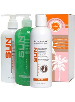 Sun Laboratories By Giesee Self Tanning Lotion, Tan Maintainer, and Exfoliant Body Gel - 3-Pack 8 Oz. Bottles, Non-Toxic Self Tanner, Ultra Dark Sunless Tanning Lotion