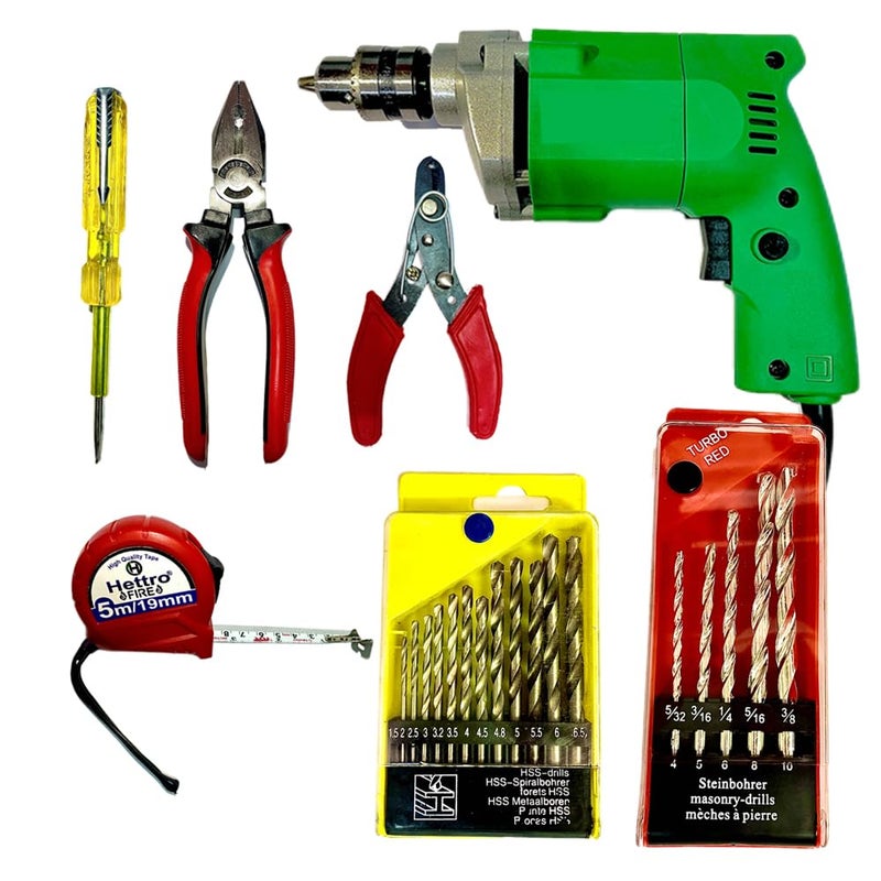 10mm Drill Machine 500W with 13Pcs HSS Drill Set 6Pcs Power Tool Set - Image 1