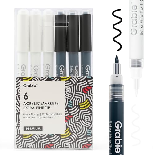 Grabie Black White Extra Fine Tip Acrylic Paint Marker Set 6 Pack 07mm Acrylic Paint Pens for Highlights and Fine Details on Drawings Rock Painting Glass Canvas Wood White Highlight Markers