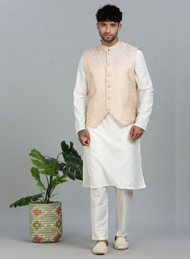 Abhishti offwhite Kurta Set with Gold and White Brocade Nehru Jacket - Image 1