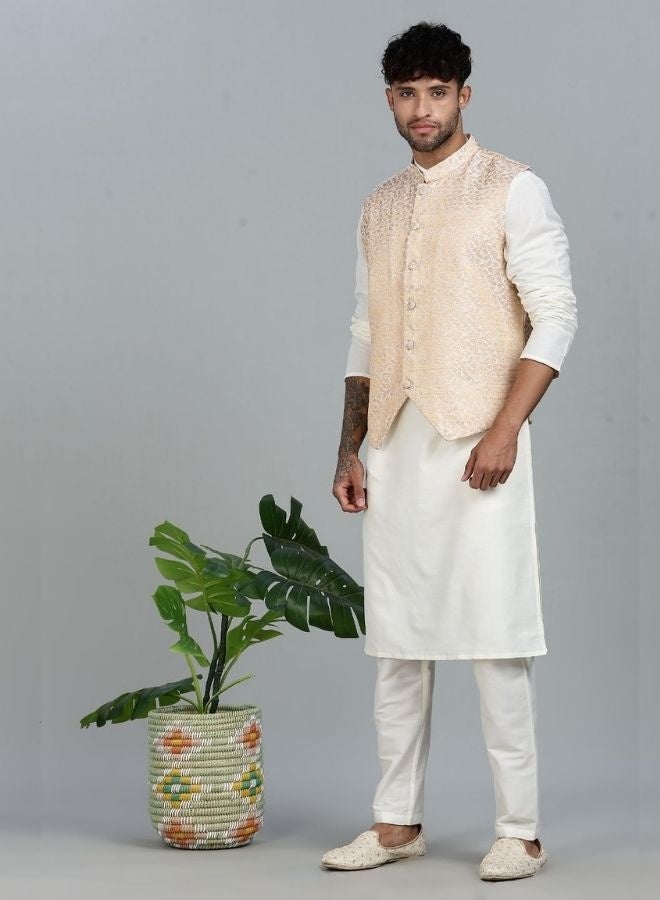 Abhishti offwhite Kurta Set with Gold and White Brocade Nehru Jacket - Image 3