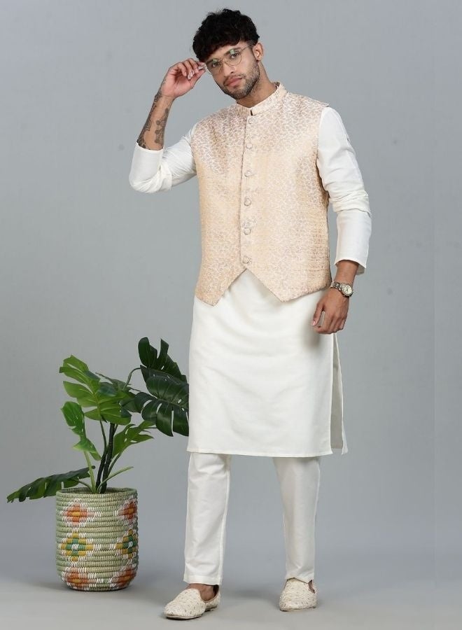Abhishti offwhite Kurta Set with Gold and White Brocade Nehru Jacket - Image 4