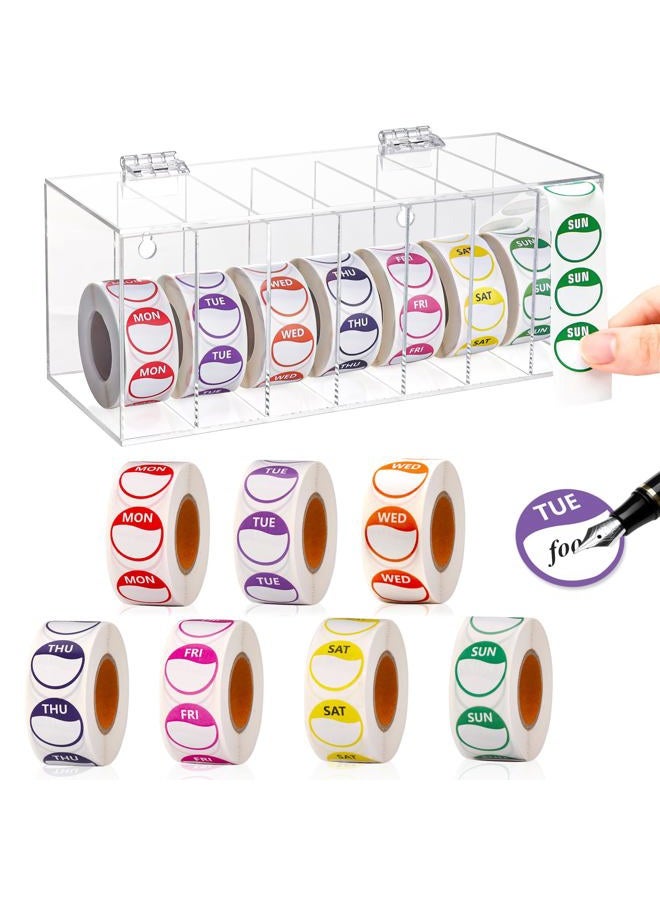 DLUGOPIS 3500 PCS 7 Days of The Week Stickers 1 Inch Sticker Roll Dispenser Holder Acrylic Day Dot Dispenser Food Date Labels Stickers Monday to Sunday for Kitchen Restaurant Expiration Date - Image 1