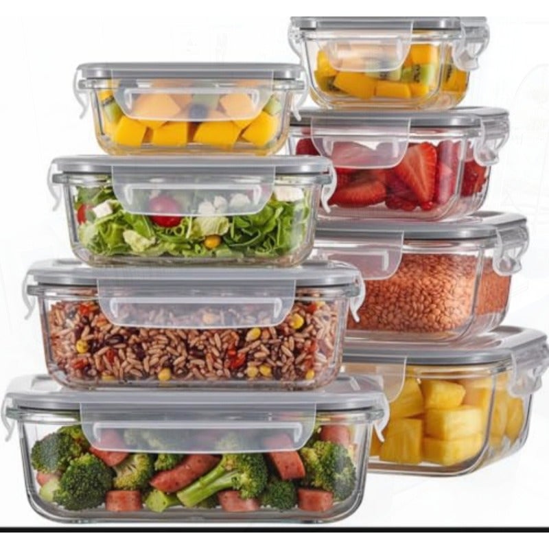 8-Pack Glass Food Storage Containers with Airtight Lids Grey Leakproof Meal Prep Containers BPA-Free Freezer Fridge Microwave and Dishwasher Safe - Image 1