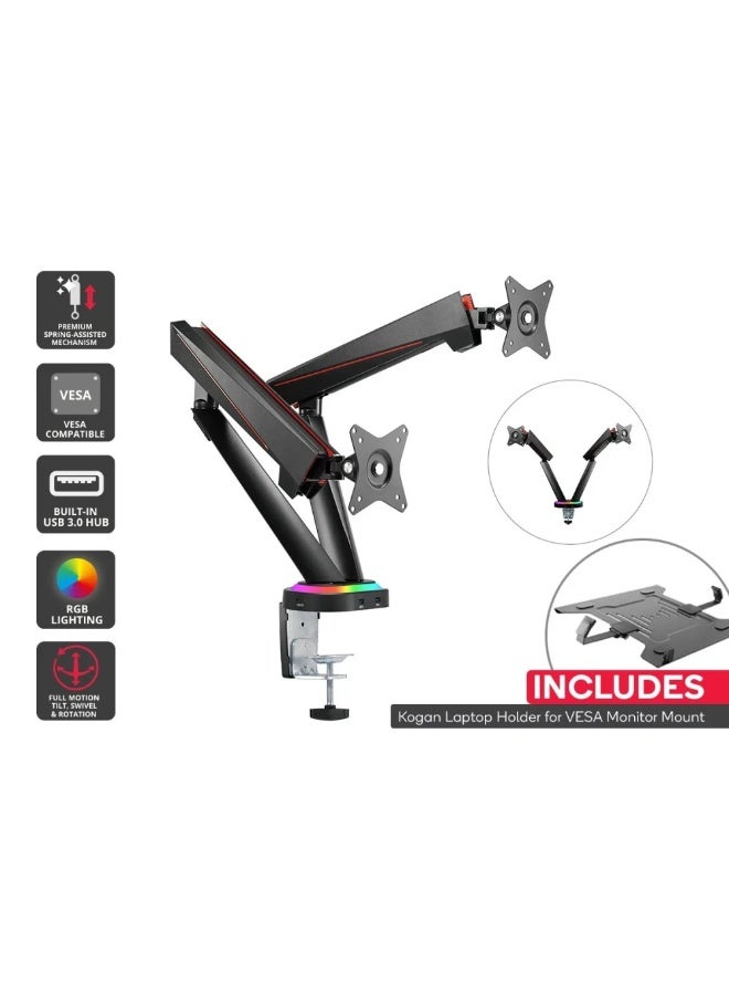 Kogan Full Motion Kogan Spring-Assisted RGB Gaming Monitor Mount with USB Hub (Dual) Laptop Holder Combo 17″ – 32″ - Image 1