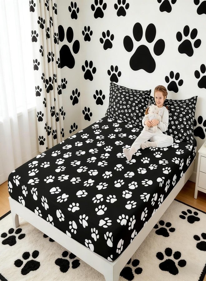 Homewish Dog Paw Print Kids Fitted Sheet Full Size,Kawaii Pet Bedding Set,Boys Girls Adults Bedroom/Xmas/Halloween Decor,Cartoon Animal Bed Cover,Black White Simple Bed Sheet,3pcs,2 Pillowcases - Image 2