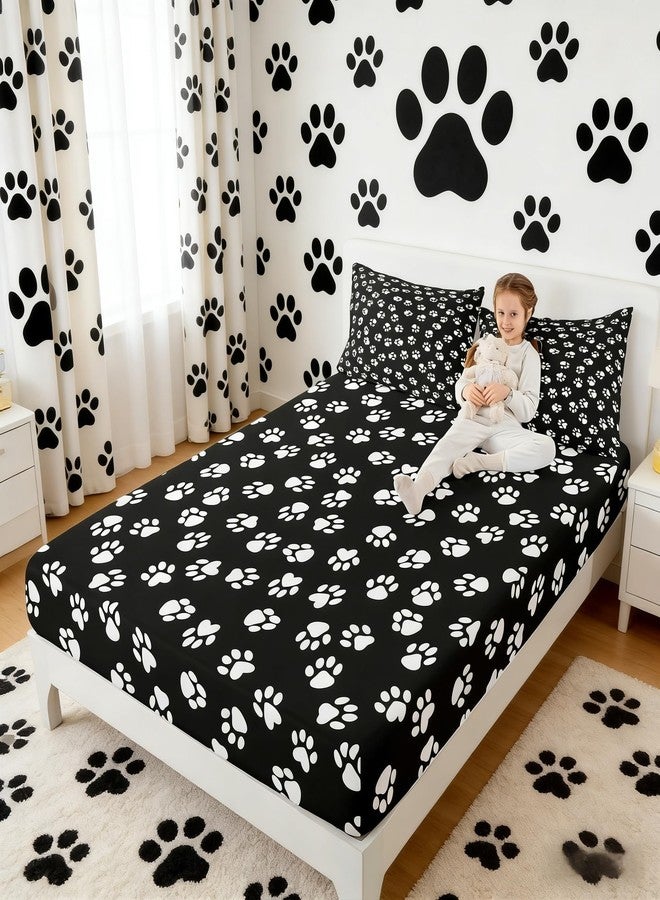 Homewish Dog Paw Print Kids Fitted Sheet Full Size,Kawaii Pet Bedding Set,Boys Girls Adults Bedroom/Xmas/Halloween Decor,Cartoon Animal Bed Cover,Black White Simple Bed Sheet,3pcs,2 Pillowcases - Image 1