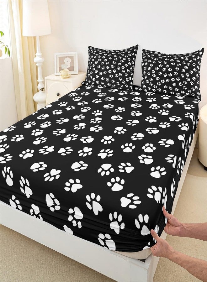 Homewish Dog Paw Print Kids Fitted Sheet Full Size,Kawaii Pet Bedding Set,Boys Girls Adults Bedroom/Xmas/Halloween Decor,Cartoon Animal Bed Cover,Black White Simple Bed Sheet,3pcs,2 Pillowcases - Image 4