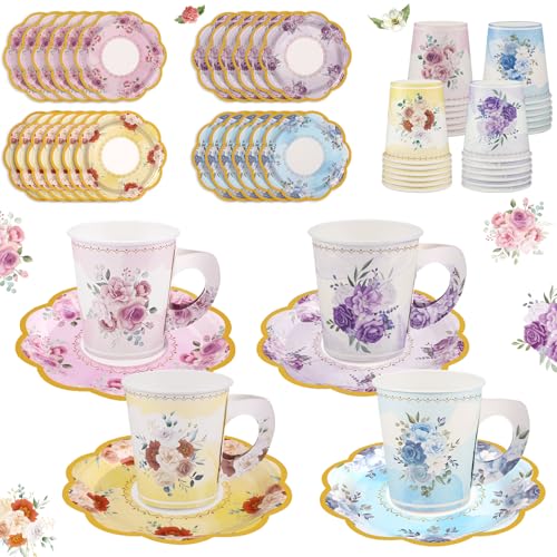 NatNarr 24 Sets Disposable Paper Tea Cups 7 OZ Floral Tea Party Cups with Handle and Plates Teacups and Saucer Sets for Garden Party Baby Bridal Shower BirthdayWatercolor Style - Image 1