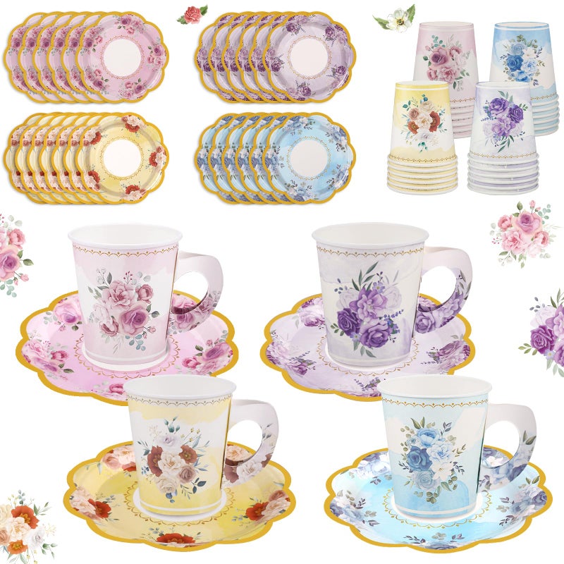 NatNarr 24 Sets Disposable Paper Tea Cups 7 OZ Floral Tea Party Cups with Handle and Plates Teacups and Saucer Sets for Garden Party Baby Bridal Shower BirthdayWatercolor Style - Image 2