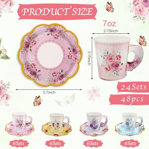 NatNarr 24 Sets Disposable Paper Tea Cups 7 OZ Floral Tea Party Cups with Handle and Plates Teacups and Saucer Sets for Garden Party Baby Bridal Shower BirthdayWatercolor Style - Image 3