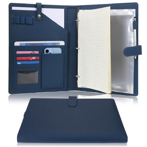 Wonderpool A4 PU Leather Portfolio Holder Ring File Document Case with Removable Binder Clipboard, Multi Pocket and Legal Pad for Business Organizer Interview and Meeting (Dark Blue) - Image 1