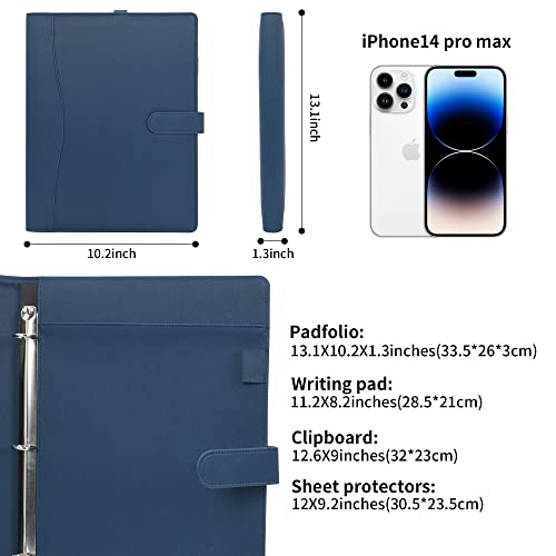Wonderpool A4 PU Leather Portfolio Holder Ring File Document Case with Removable Binder Clipboard, Multi Pocket and Legal Pad for Business Organizer Interview and Meeting (Dark Blue) - Image 3