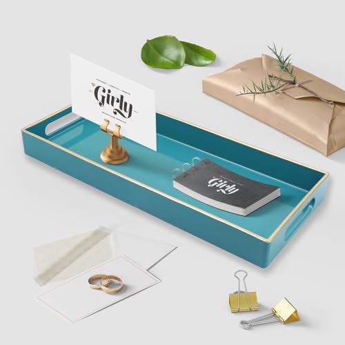 Leemxiiny Teal Blue Vanity Tray with Handles, Decorative Tray Desktop Storage Organizer for Bathroom, Living Room, 5.9"*13.7" - Image 3
