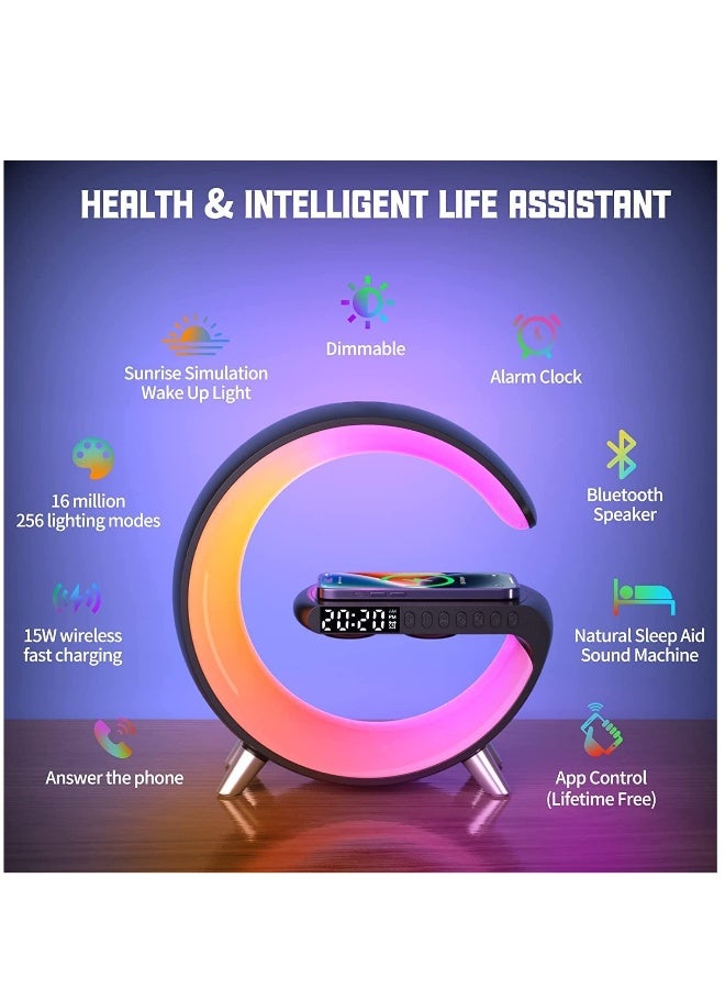 مصباح مكتب ذكي متعدد الوظائف إضاءة ليلية RGB ومحطة شحن مكبر صوت بلوتوث شاحن هاتف لاسلكي ضوء ملون للغرفة ساعة منبه طاولة الكمبيوتر أبيض - Image 4