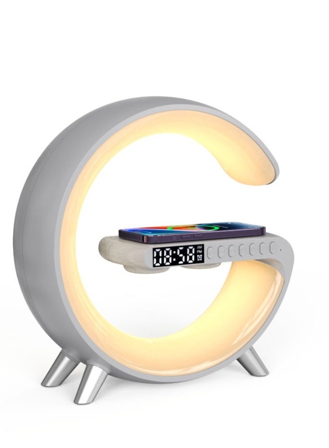 مصباح مكتب ذكي متعدد الوظائف إضاءة ليلية RGB ومحطة شحن مكبر صوت بلوتوث شاحن هاتف لاسلكي ضوء ملون للغرفة ساعة منبه طاولة الكمبيوتر أبيض - Image 2