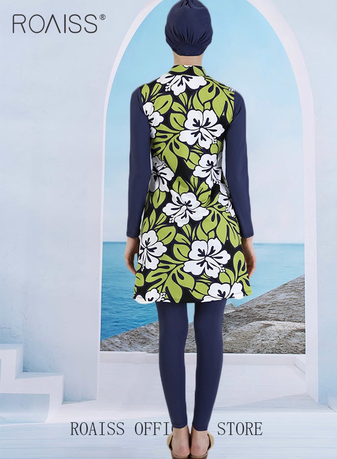 roaiss Women's 3-Piece Set Split Swimsuit Conservative Burkinis Swimwear Ladies Long-Sleeved Sun Protection Beach Wear Surf Wear with Swimming Cap - Image 4