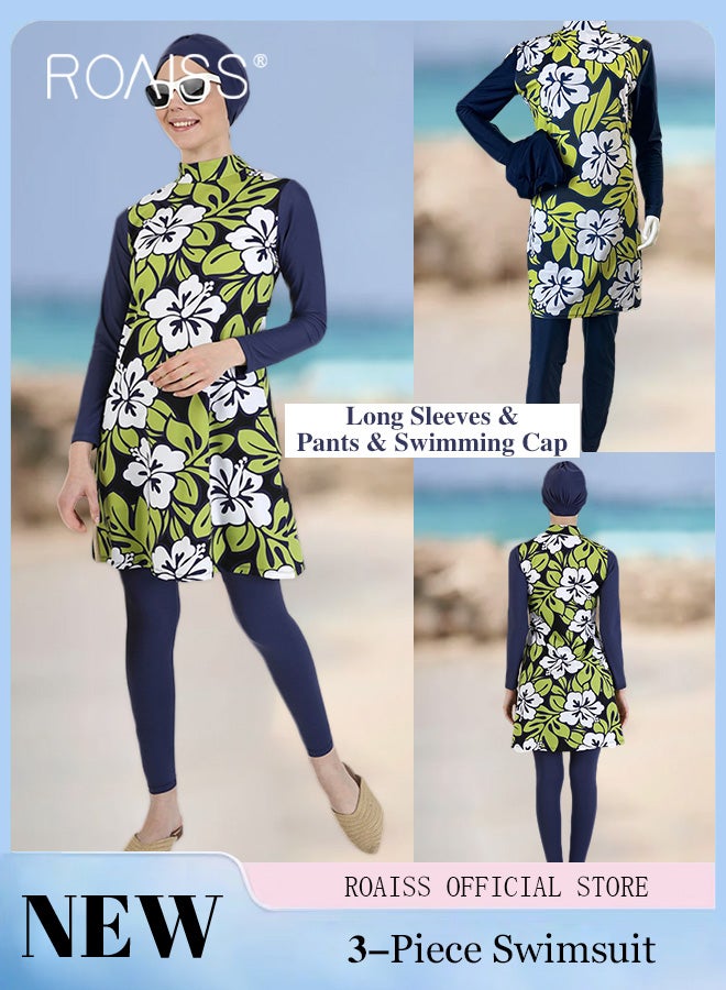 roaiss Women's 3-Piece Set Split Swimsuit Conservative Burkinis Swimwear Ladies Long-Sleeved Sun Protection Beach Wear Surf Wear with Swimming Cap - Image 2