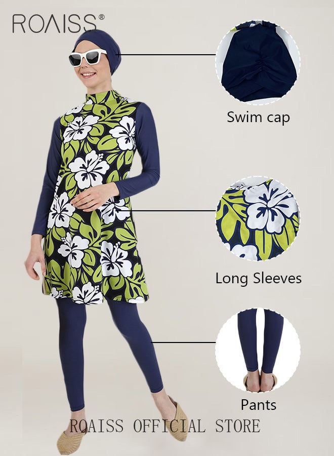 roaiss Women's 3-Piece Set Split Swimsuit Conservative Burkinis Swimwear Ladies Long-Sleeved Sun Protection Beach Wear Surf Wear with Swimming Cap - Image 1