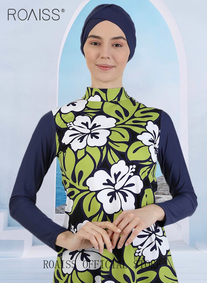 roaiss Women's 3-Piece Set Split Swimsuit Conservative Burkinis Swimwear Ladies Long-Sleeved Sun Protection Beach Wear Surf Wear with Swimming Cap - Image 3