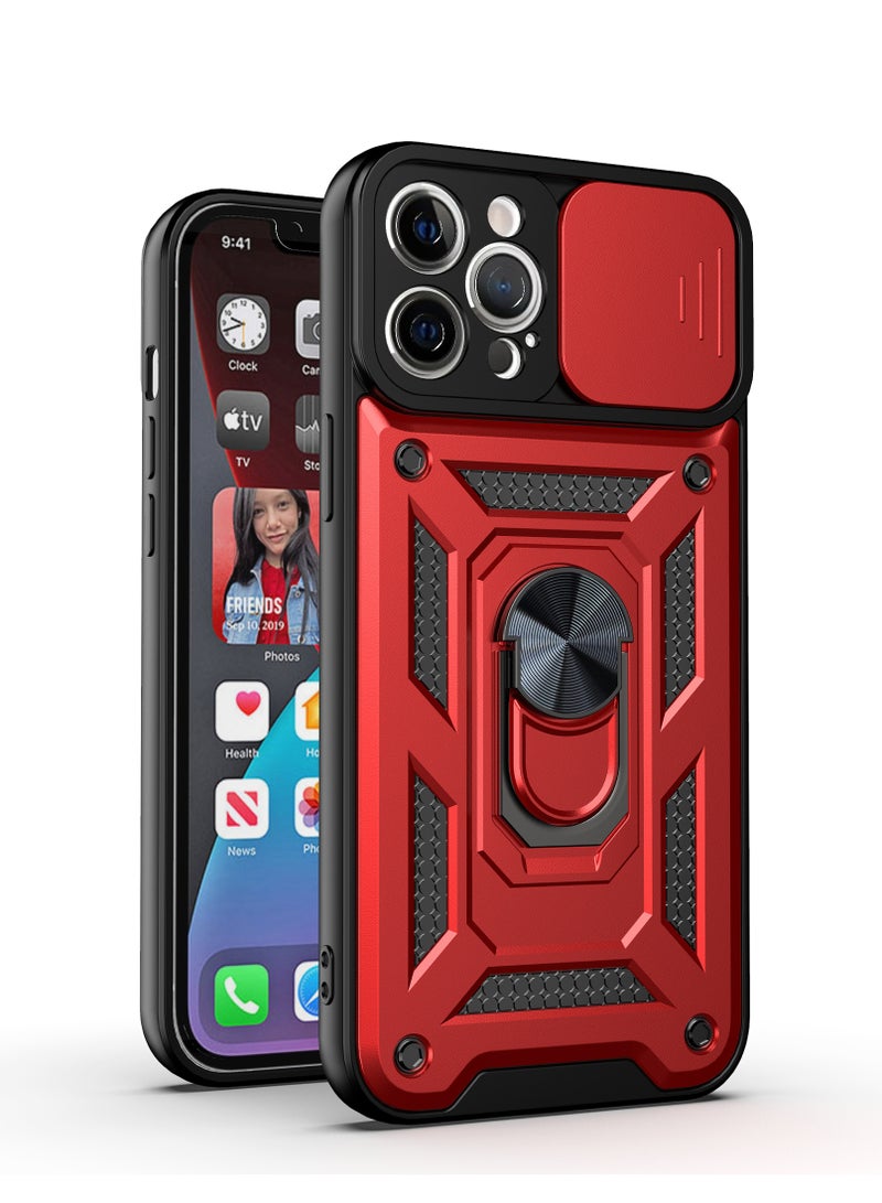 Shunjia Sliding Window Case, Shockproof Rugged Armor with Sliding Camera Cover & 360° Ring Kickstand, Compatible with Apple iPhone 12 Pro Max (Red)