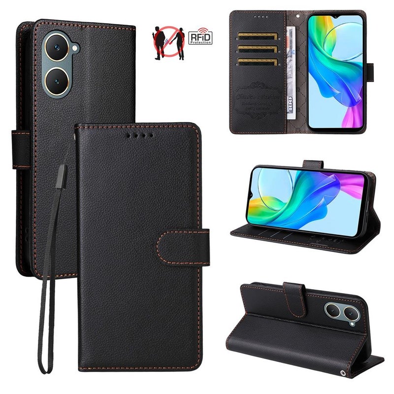 erorex For vivo Y03 / Y18 / Y18e / Y18s / Y28s / Y36t Litchi Texture RFID Blocking 3-Card Wallet Leather Phone Case(Black) - Image 1