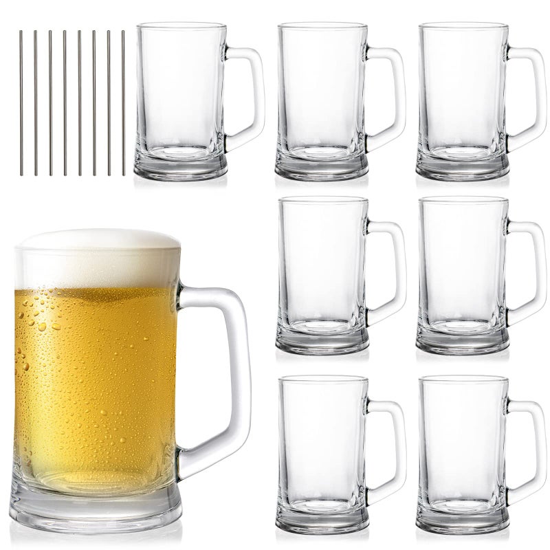 SOUJOY SOUJOY 8 Pack Glass Stein 12 Oz Clear Freezer Beer Cup with Handle and Straw Heavy Duty Drinking Glass for Beverages 