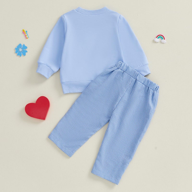 JLKGICF Toddler Boy Valentines Outfit Letters Embroidery Pullover Plaid Pants Lover Boy Baby Outfit Baby Spring Clothes (Blue Love boy, 18-24 Months) - Image 4