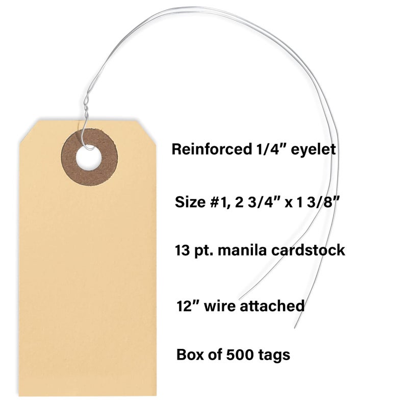 EZDOM String Tags with Wire Attached- #1, 2 3/4â€ x 1 3/8â€, Box of 500 Blank Shipping Tags with Wire and Reinforced Hole, Wired Labeling Tags - Image 2