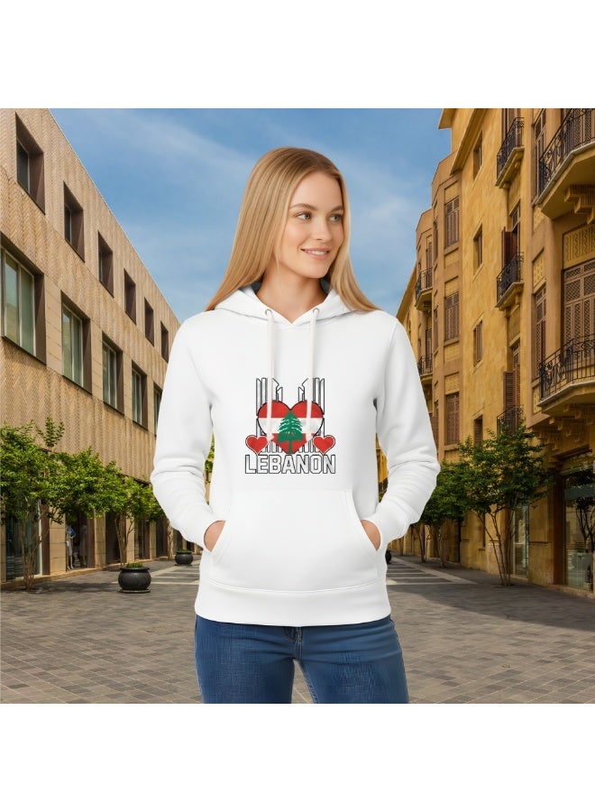 هودي نسائي لبناني أبيض من القطن - سويت شيرت بأكمام طويلة مطبوع عليه علم لبنان - ملابس سفر وملابس كاجوال لراحة يومية - Image 3