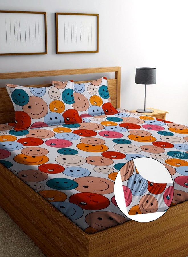 Amrange® Premium Glace Cotton King Size Elastic Fitted Bedsheet with Two Pillow Covers, 72x78x8 Inches (Smile) - Image 1