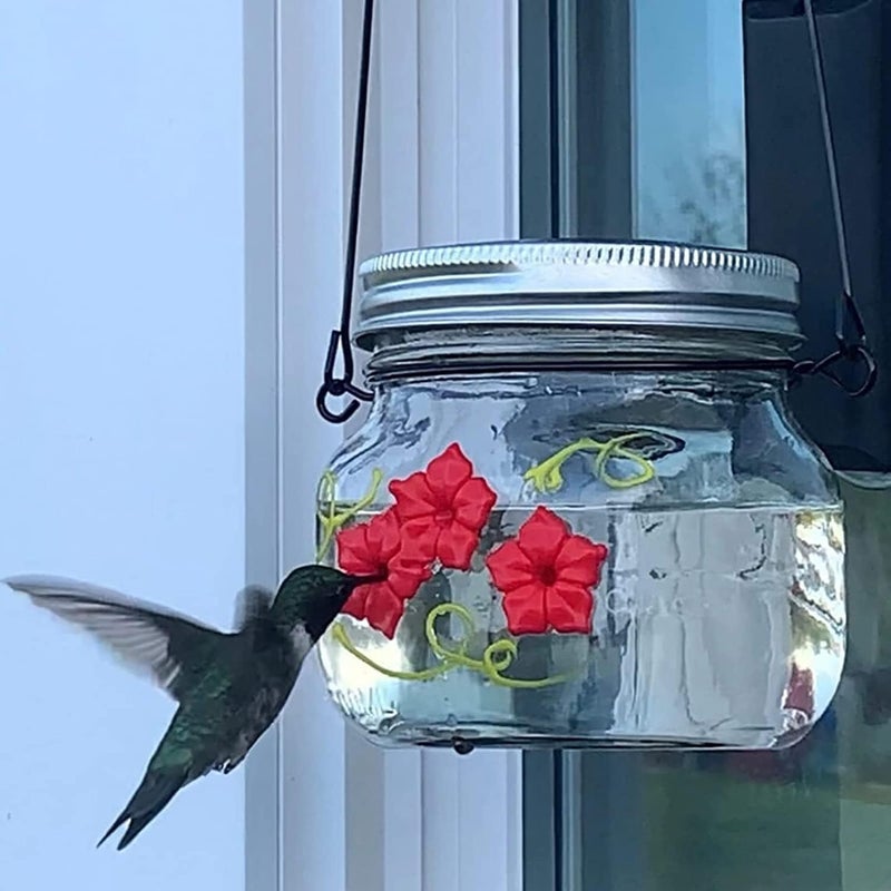woobles Mason Jar Hummingbird Feeder with 3 Ports for Outdoors Hanging Yard Garden Decoration, Little Bird Wild Birds Feeding Jar with Flower Feeding Ports, Portable Clear Reservoir Design 500ml (Clear) - Image 1