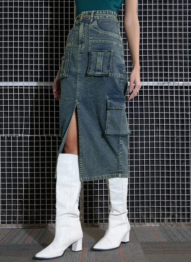 ساسافراس تنورة ميدي نسائية بجيوب مغسولة باللون الأخضر