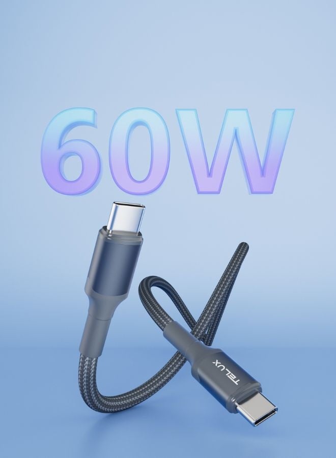 TELUX FLEXIX USB-C to USB-C Braided Cable 1m, 60W PD Fast Charging, Laptop Compatible, Wear-Resistant Nylon Braid, 10000+ Bend Lifespan, 480Mbps Data Transfer, Dark Grey - Image 3