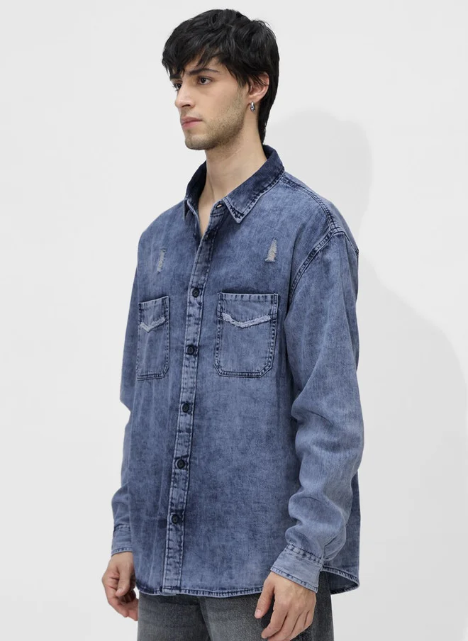 The Souled Store  The Souled Store Men's Regular Fit Denim Blue Shirt  | Best Price UAE