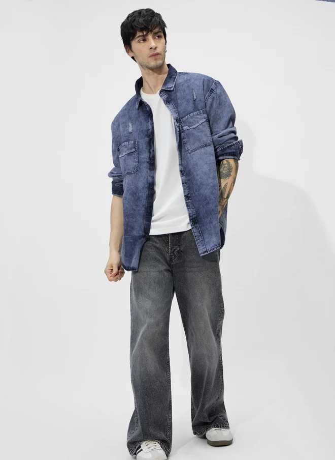 The Souled Store  The Souled Store Men's Regular Fit Denim Blue Shirt  | Best Price UAE