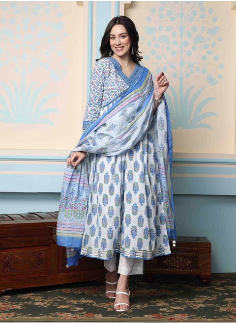 Women's Blue 100% Cotton Self Design Full Length Palazzo Kurta Set