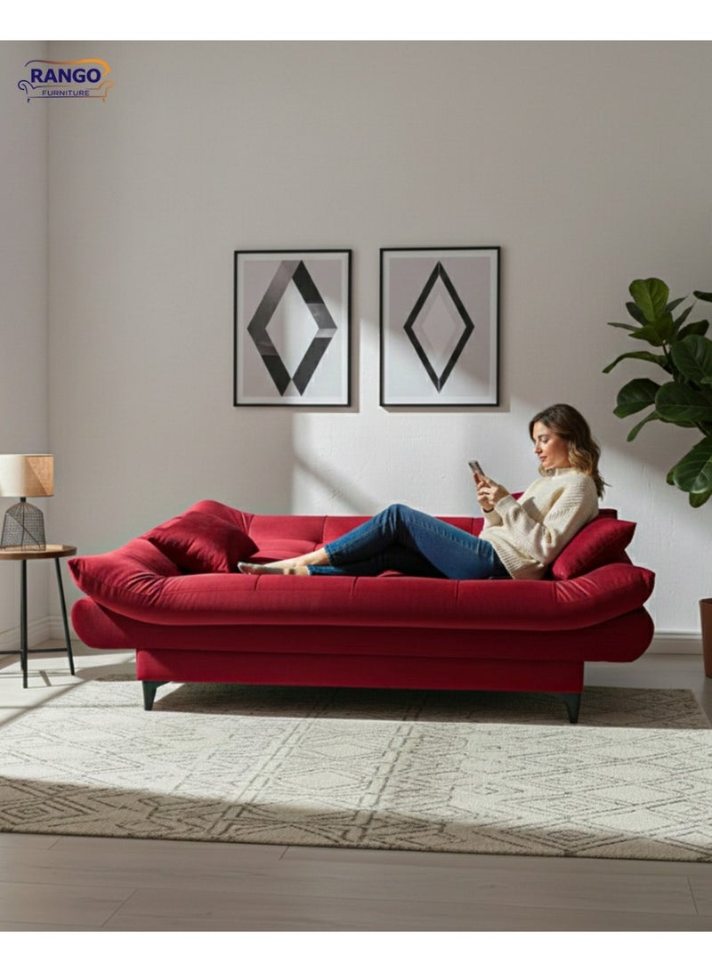 Rango Furniture's 3-in-1 sofa bed in a chic and distinctive burgundy color. Measuring 120 x 190 x 40 cm, this versatile and stylish addition to any home is designed to save space while providing comfort, making it ideal for small spaces, living rooms, offices, and children's rooms. It can be used in front of the TV and easily converts into a 120 x 190 cm bed. Features include high-density foam with a fiber layer and fabric. Made in Egypt. - Image 1