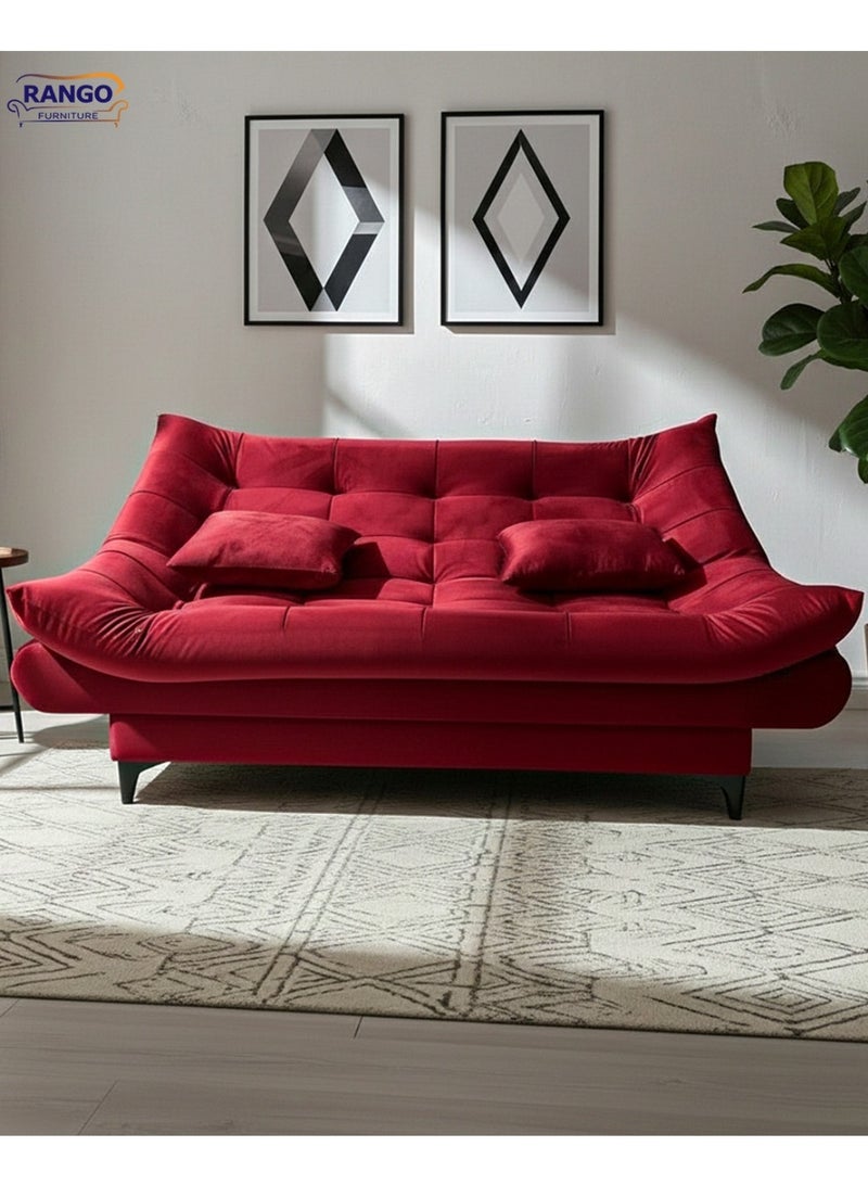 Rango Furniture's 3-in-1 sofa bed in a chic and distinctive burgundy color. Measuring 120 x 190 x 40 cm, this versatile and stylish addition to any home is designed to save space while providing comfort, making it ideal for small spaces, living rooms, offices, and children's rooms. It can be used in front of the TV and easily converts into a 120 x 190 cm bed. Features include high-density foam with a fiber layer and fabric. Made in Egypt. - Image 3
