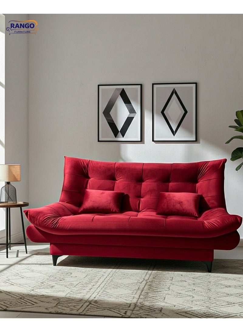 Rango Furniture's 3-in-1 sofa bed in a chic and distinctive burgundy color. Measuring 120 x 190 x 40 cm, this versatile and stylish addition to any home is designed to save space while providing comfort, making it ideal for small spaces, living rooms, offices, and children's rooms. It can be used in front of the TV and easily converts into a 120 x 190 cm bed. Features include high-density foam with a fiber layer and fabric. Made in Egypt. - Image 2