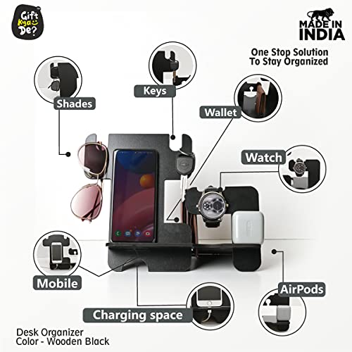 Gift Kya De GKD Wooden Desk Organizer 5 in 1 with Mobile Stand | Eco-Friendly Black Office Table Organizer | Thoughtful Gift for Men, Husband, Brother & Valentine gift for boyfriend - Image 3