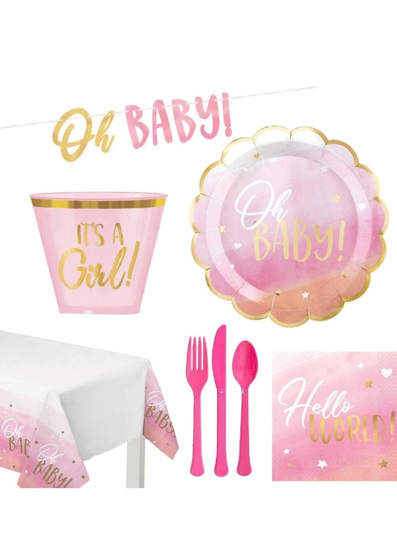 Amscan Oh Baby Girl Premium Tableware Party Supplies, Includes Plates, Cups, Cutlery, Napkins, Banner and Tablecover for 8 Guests - Image 1
