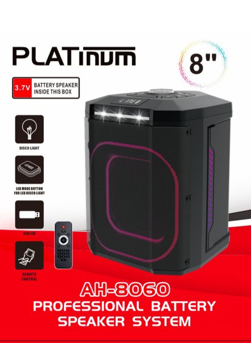 بلاتينيوم نظام مكبر صوت احترافي يعمل بالبطارية، مكبر صوت جهير 8 بوصة 6.8 فولت، بطارية ليثيوم 3.7 فولت/3600 مللي أمبير/ساعة، بلوتوث، فتحة بطاقة SD، منفذ USB، جهاز تحكم عن بعد متضمن، 25 واط RMS، مدخل جيتار، مفتاح تشغيل/إيقاف LED، AH-8060 - Image 3
