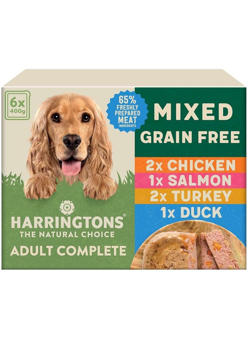 HARRINGTONS Complete Wet Tray Grain Free Hypoallergenic Adult Dog Food Mixed Pack 6x400g - Chicken, Salmon, Turkey & Duck - Made with All Natural Ingredients - Image 1