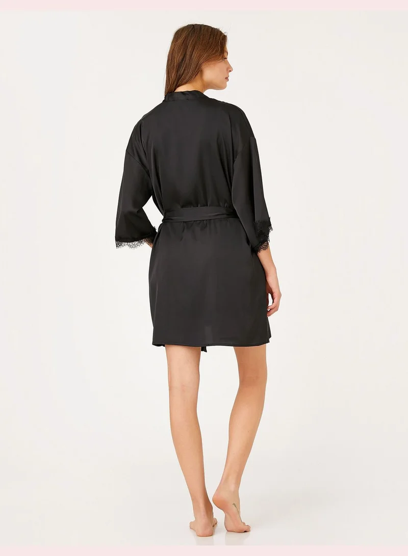 KOTON Satin Morning Gown Lacy Belted