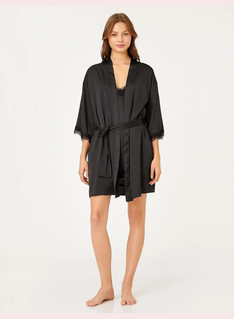 KOTON Satin Morning Gown Lacy Belted