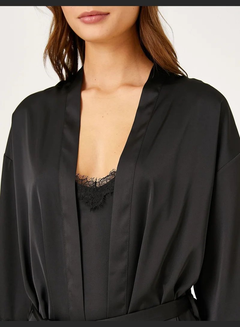 KOTON Satin Morning Gown Lacy Belted