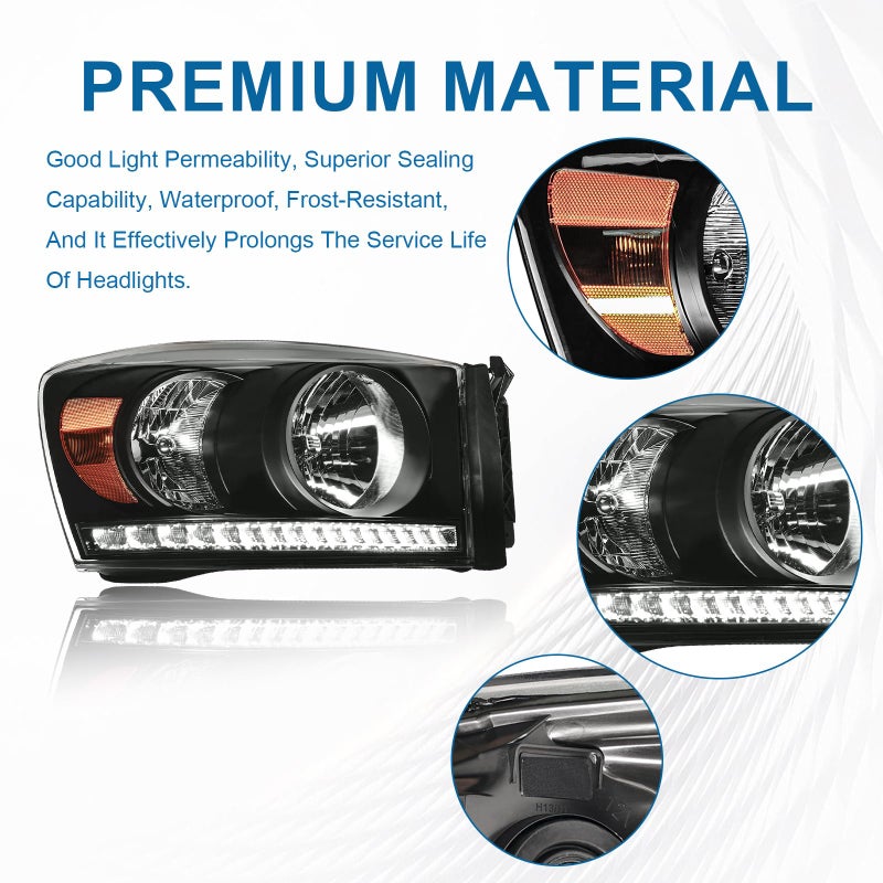 Fullux Headlights LED for 2006-2008 Dodge Ram 1500 2500 3500 LED DRL Head Lights Assembly Compatible 2007 2009 with Halogen Headlamps Amber Reflector Black Housing - Image 3