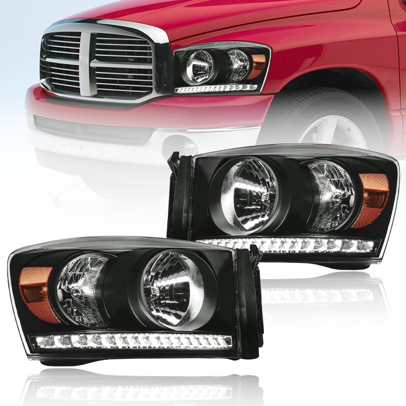 Fullux Headlights LED for 2006-2008 Dodge Ram 1500 2500 3500 LED DRL Head Lights Assembly Compatible 2007 2009 with Halogen Headlamps Amber Reflector Black Housing - Image 1