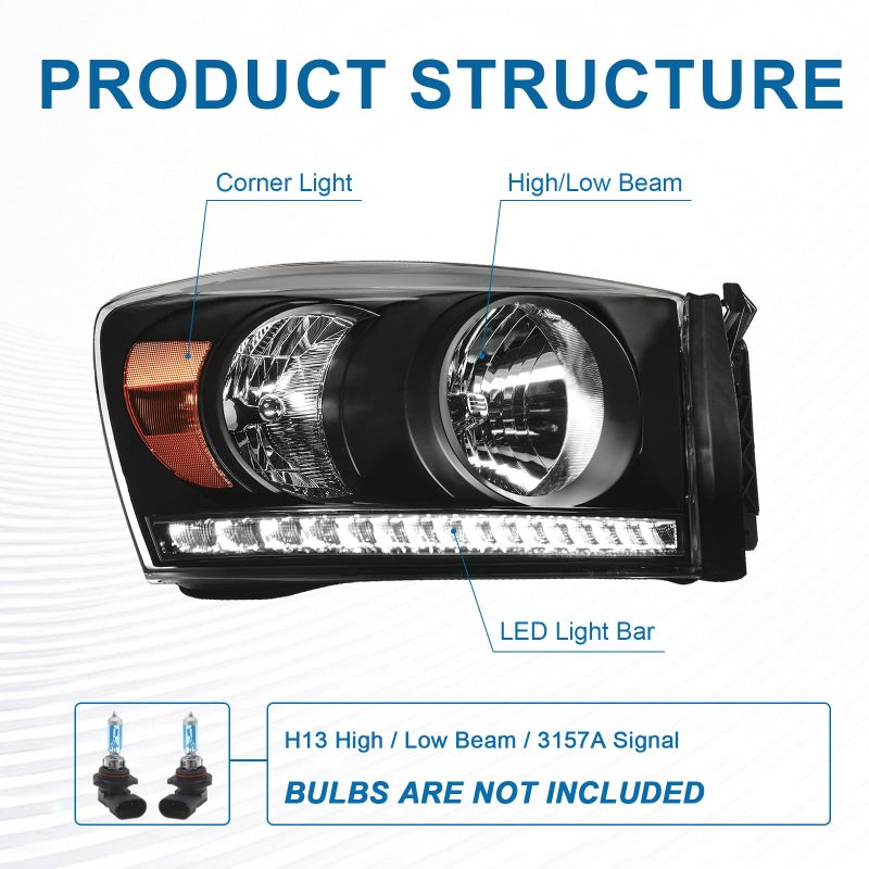 Fullux Headlights LED for 2006-2008 Dodge Ram 1500 2500 3500 LED DRL Head Lights Assembly Compatible 2007 2009 with Halogen Headlamps Amber Reflector Black Housing - Image 4